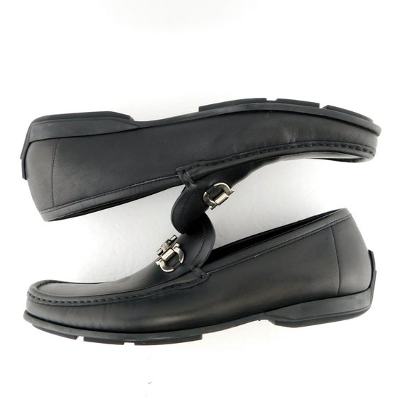 FERRAGAMO Black Leather Logo Horse Bit Slip-on Driver Moccasin Flat Loafers 9 main image 9